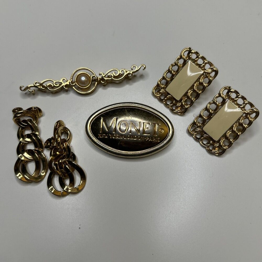 Vintage Monet Lot Signed of 4 includes Earrings Brooch Pin
